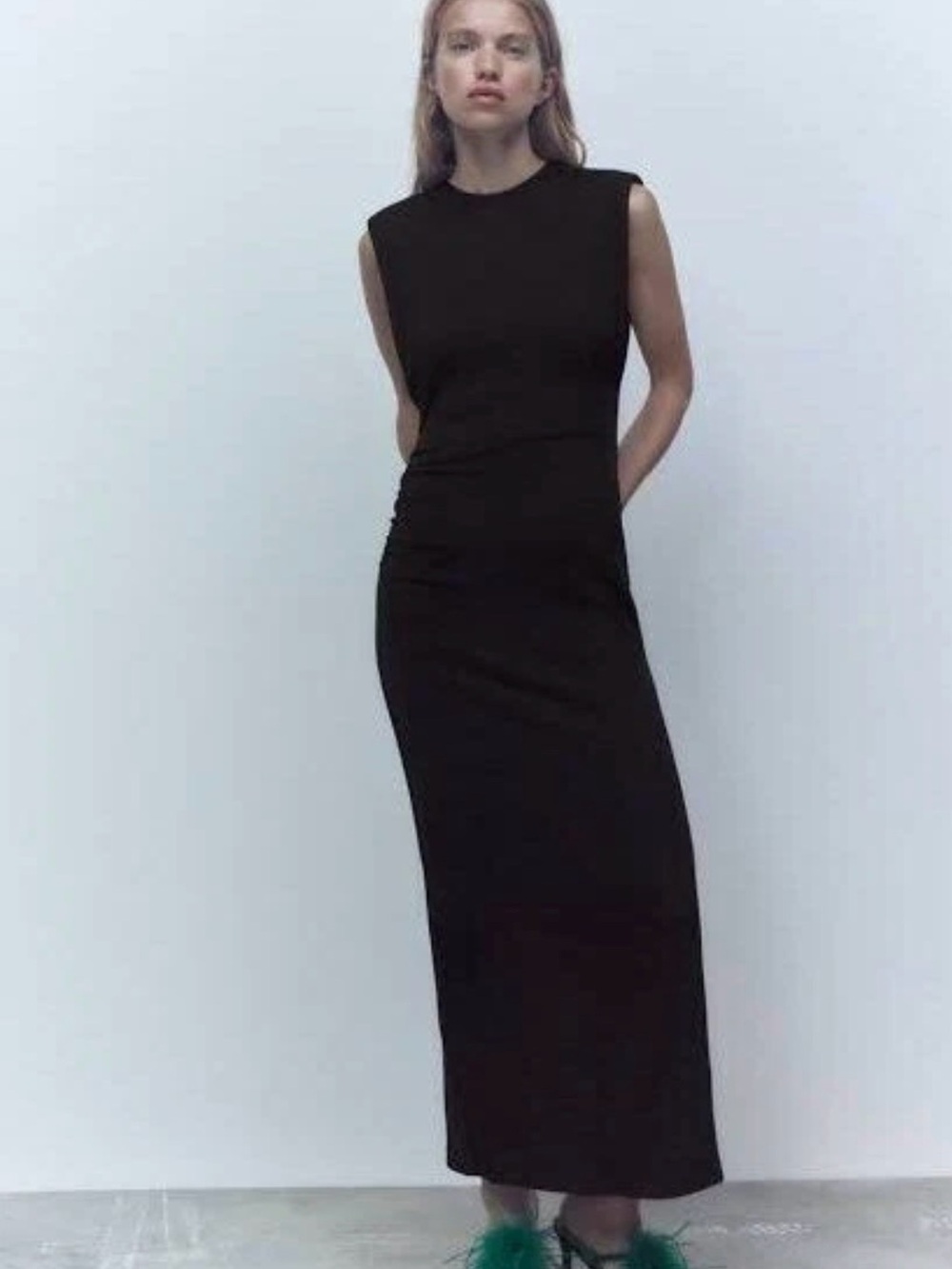 Zara Black Sleeveless Maxi Dress, Padded Shoulder, Size XS